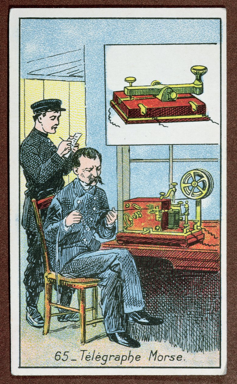 A invenção da telegrafia com código Morse, número 65 em uma série de cartas representando grandes invenções, c.1910 de French School