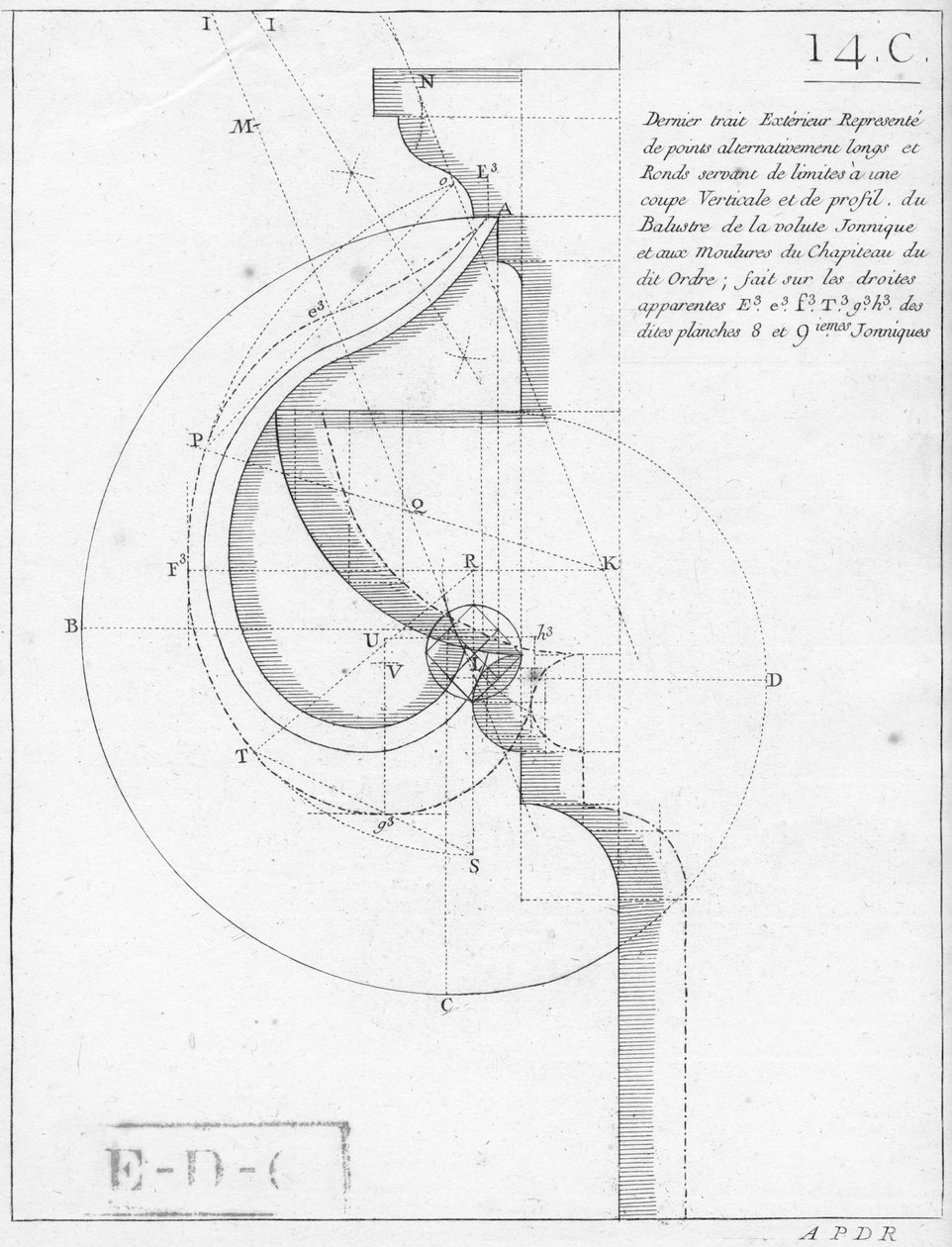 O capital iônico, ilustração de um livro sobre geometria, publicado com Privilege du Roy e E .. do Governo de French School
