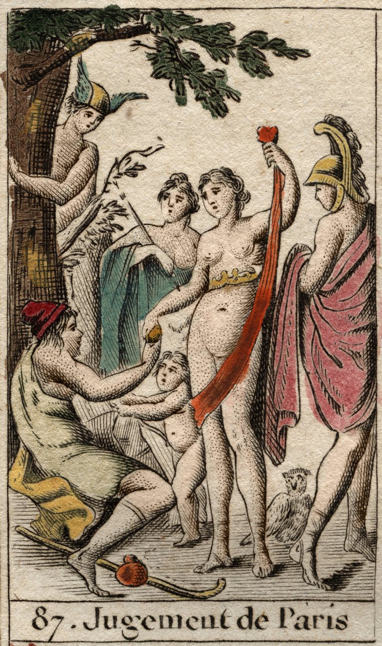 O julgamento de Paris, o pastor Paris deve escolher a quem dará a maçã de ouro para desenhar a mais bela das três deusas, Atena, Afrodite ou Hera (O julgamento de Paris, pastor que tem que escolher a deusa mais bela entre de French School
