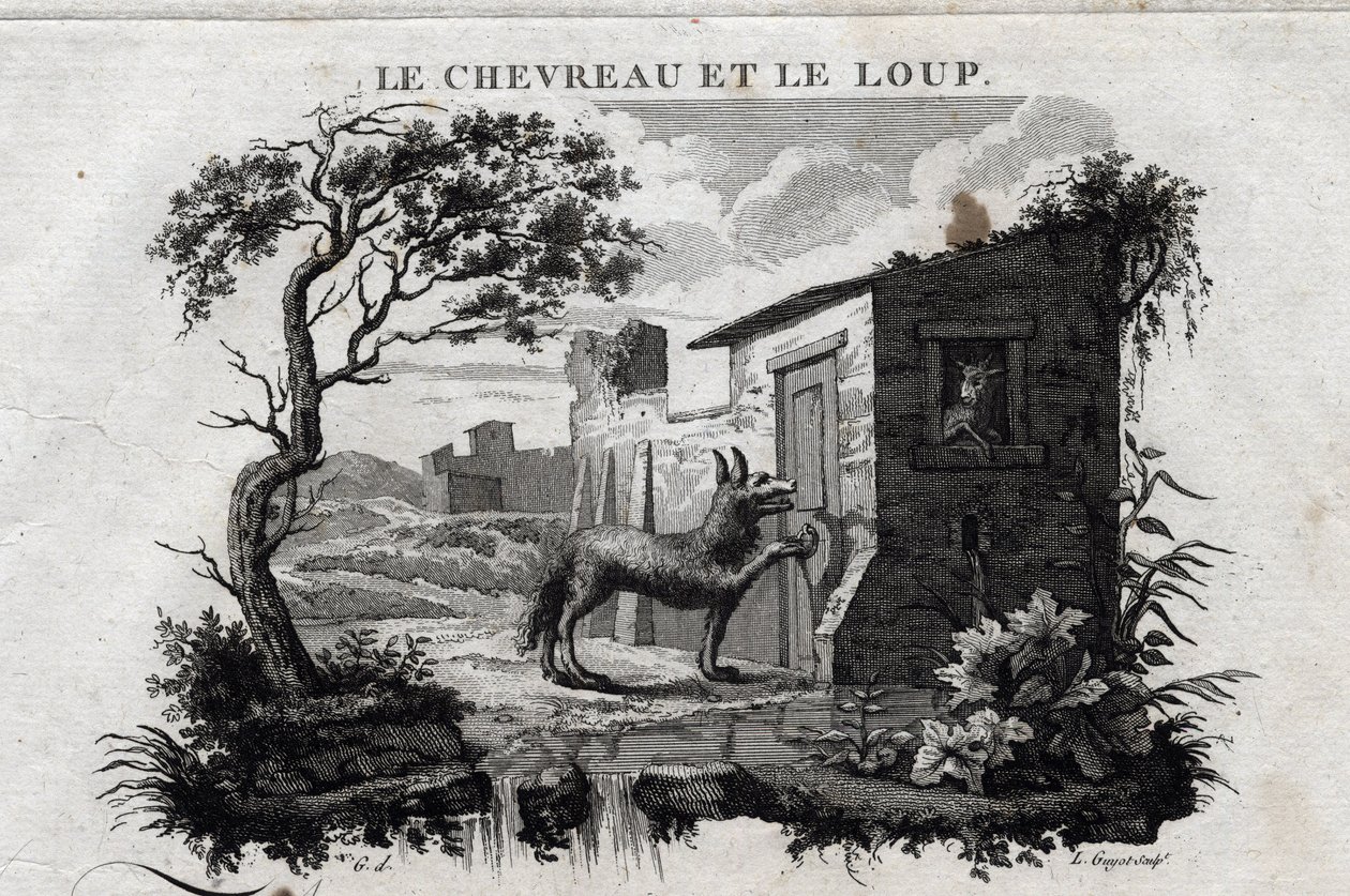 O miúdo e o lobo. A fábula de Esope. (escritor grego Esopo ou Ecopus, século VI a.C.) Escrito por Guillaume Montfort e Gravees por Beauble em 1801. de French School