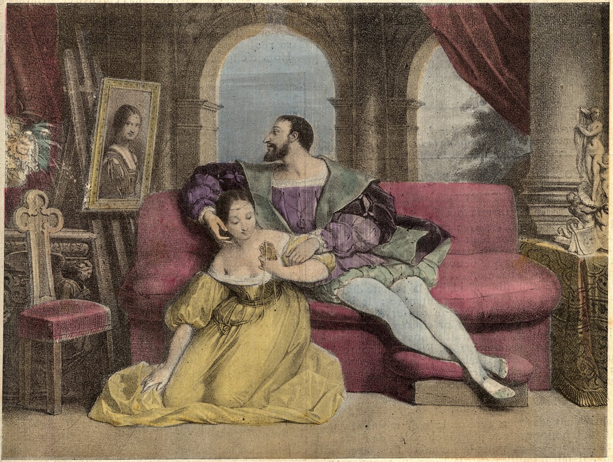 O rei da França François I (1494-1547) e a bela ferragem. Litografia de Daveria de 1838 em "Laughs Et Galanterie". Coleção semanal de Galantes Imagens sobre a direção de John Grand-Carteret. 1903-1904. de French School