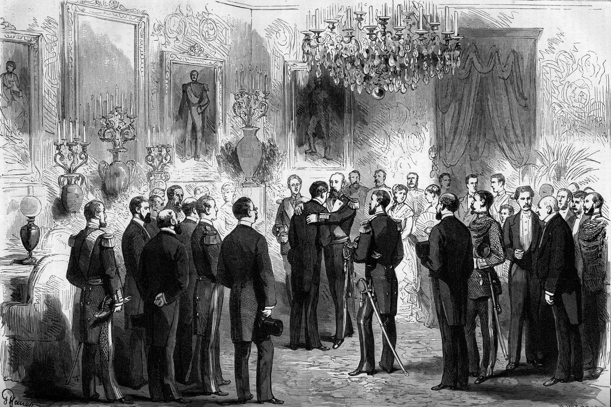O rei da Suécia Oscar II (1829-1907) recebeu os exploradores Nils Adolf Erik (Eric) Barão Nordenskjold (Nordenskiold) (1832-1901) e o Tenente Palander no Palácio Real em Estocolmo. Em 1878 Nordenskjold passou do Oceano Atlântico para o Oceano Pacífico. de French School