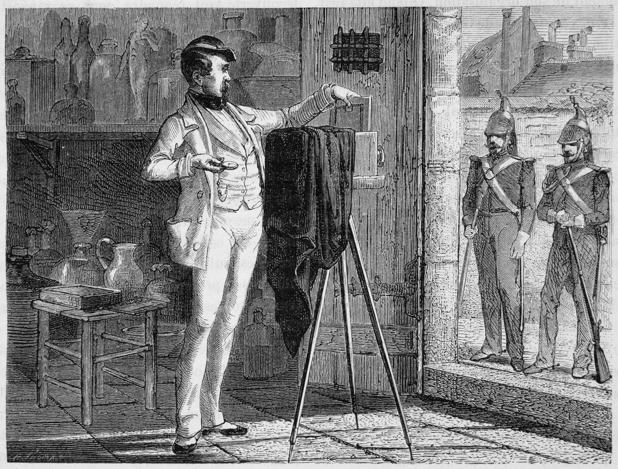 O laboratório de Niepce de Saint-Victor, na sala de polícia do quartel da guarda municipal do faubourg Saint-Martin, em 1848 - em "As Maravilhas da Ciência" de Louis Figuier de French School