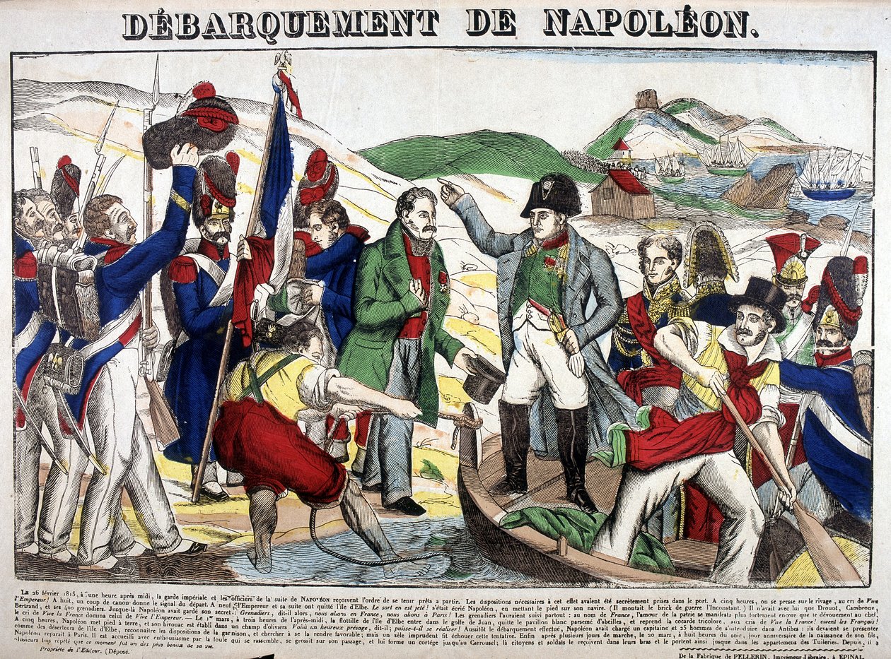 O desembarque no Golfo Juan: Napoleão I regressou a França a 1 de Março de 1815, após o período de exílio na ilha de Elba. Foto de Epinal de French School