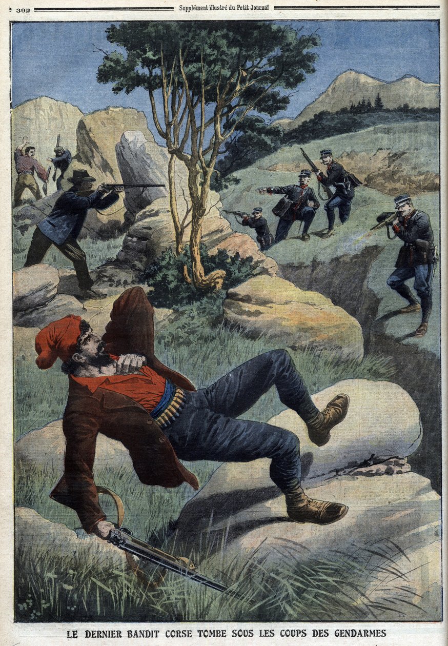 O último bandido corso cai sob os golpes dos gendarmes: "Le Petit Journal" de 5 de Dezembro de 1909 (gravura) de French School