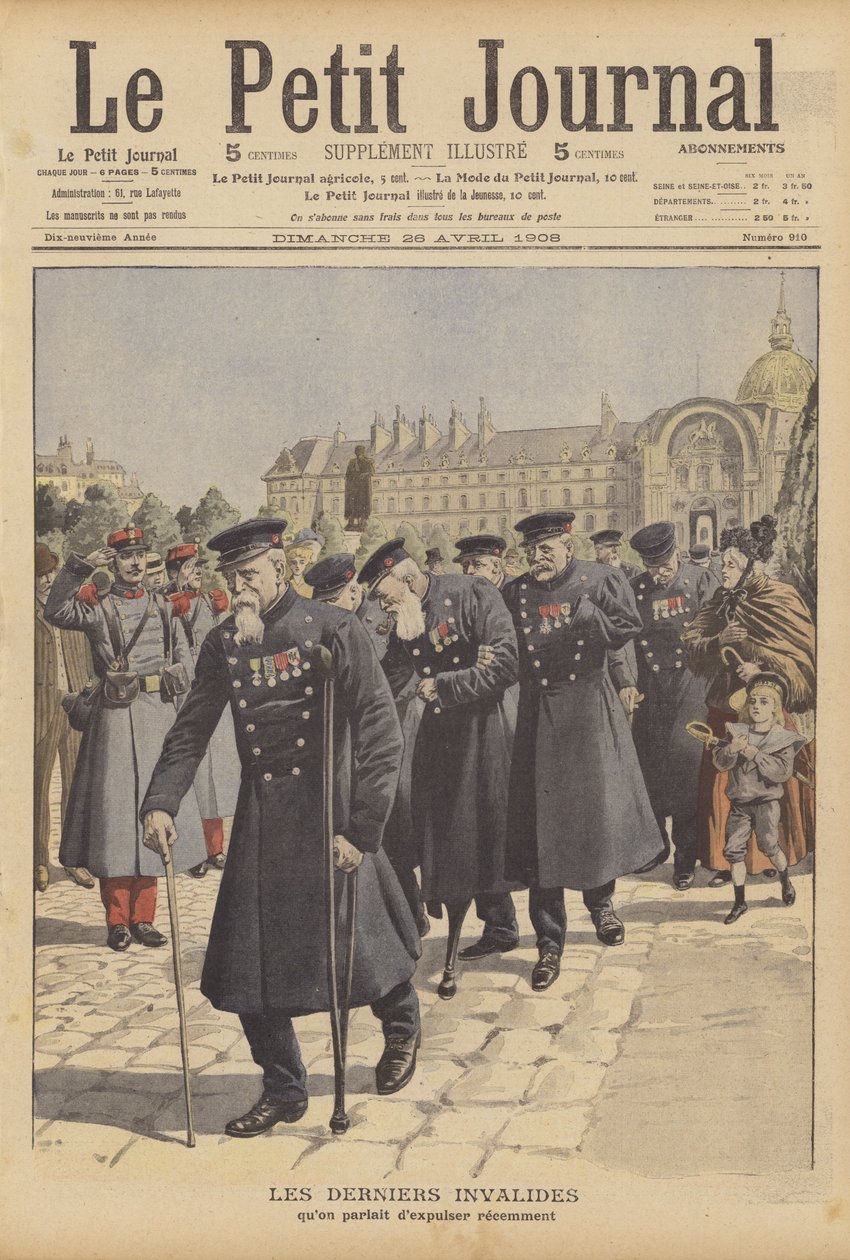 Os últimos veteranos de guerra do Hotel des Invalides, Paris (litografia a cores) de French School