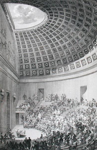 O teatro da conferência, modelado no Panteão de Roma, de "A Description of the School of Surgery in Paris", publicado em 1780 (gravura) de French School