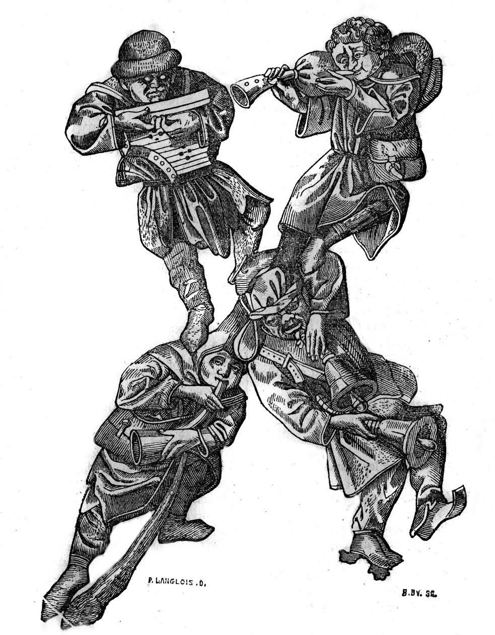 A letra X do alfabeto grotesco composto por quatro personagens musicais, feito em 1466. Em "A pitoresca loja" 1836 de French School