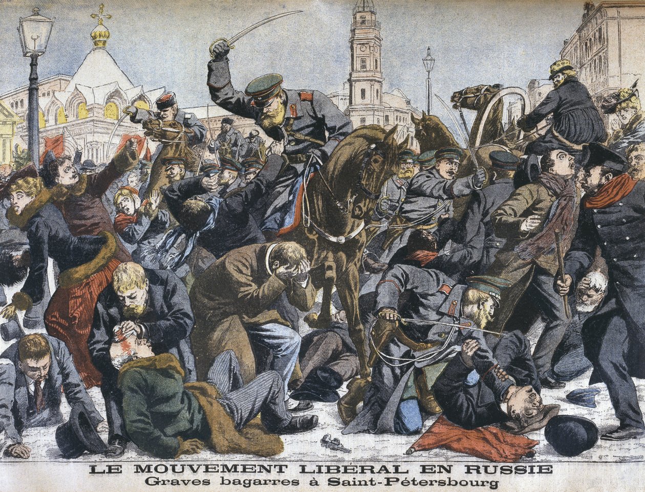 O movimento liberal na Rússia, brigas violentas em São Petersburgo, ilustração do Le Petit Journal: Suplemento ilustre, 25 de dezembro de 1904 de French School