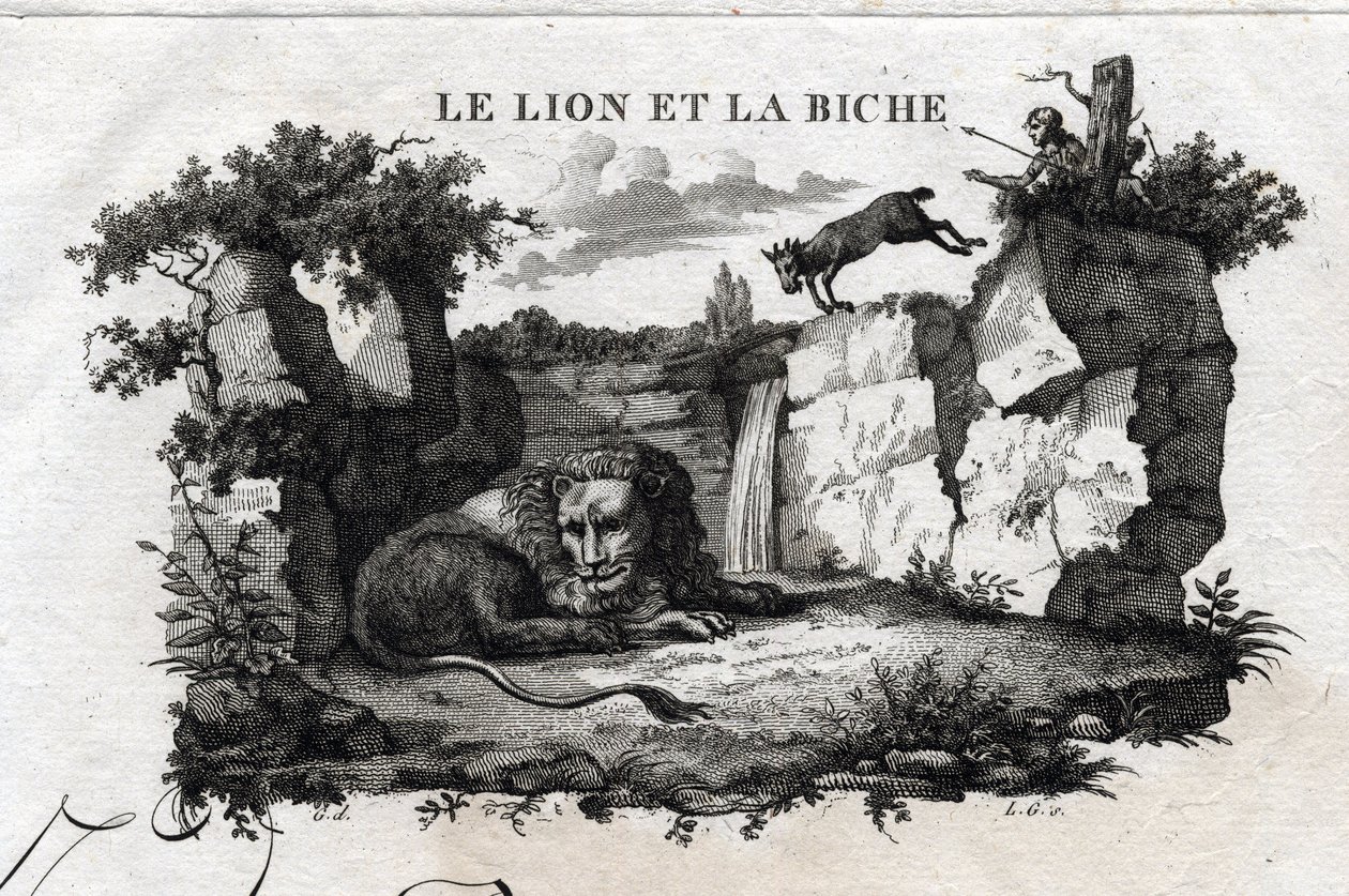 O leão e o veado. A fábula de Esope. (escritor grego Esopo ou Ecopus, século VI a.C.) Escrito por Guillaume Montfort e Gravees por Beauble em 1801. de French School
