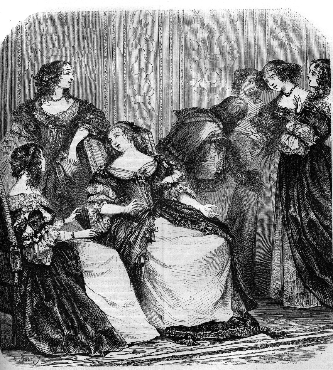 O salão da Marquesa de Rambouillet inspirou Moliere a escrever "Les precieuses ridicules". Em torno da Marquesa (nee Catherine de Vivonne de French School