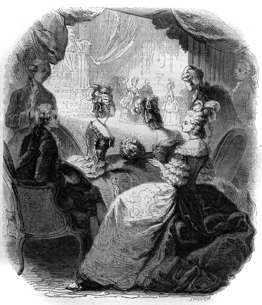 A pousada da Dauphine Marie Antoinette (1755-1793) durante a apresentação da ópera "Iphigenie en Aulide" (1714-1787) de Christoph Willibald Gluck, em 1774. Gravura a partir de 1856. de French School