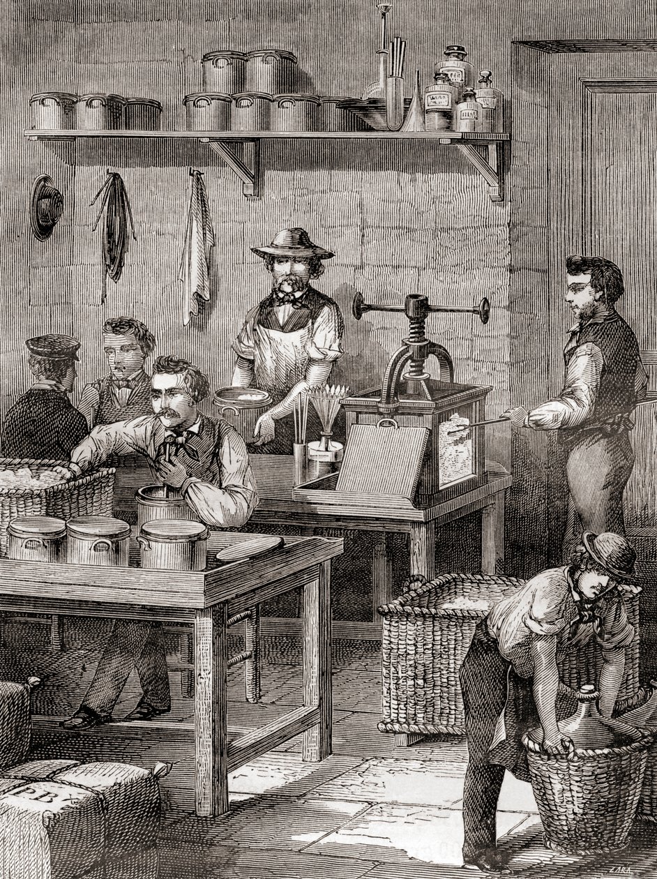 O fabrico de algodão descaroçado no século XIX, de Les Merveilles de la Science, publicado c.1870 (gravura) de French School