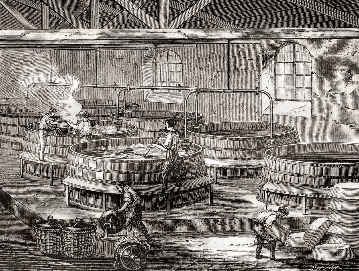 O fabrico de sabão em grandes tanques no século XIX, de "Les Merveilles de la Science", publicado por volta de 1870 (gravura) de French School