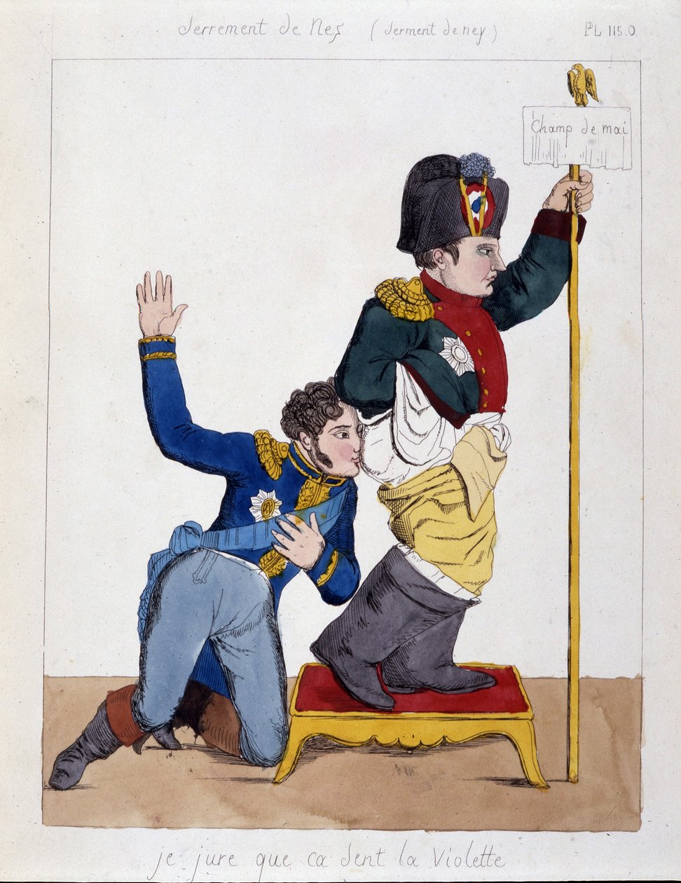 O marechal Michel Ney (1769-1815) cheirando o rabo de Napoleão 1: "Eu juro que cheira a violeta", sd v.1810. de French School