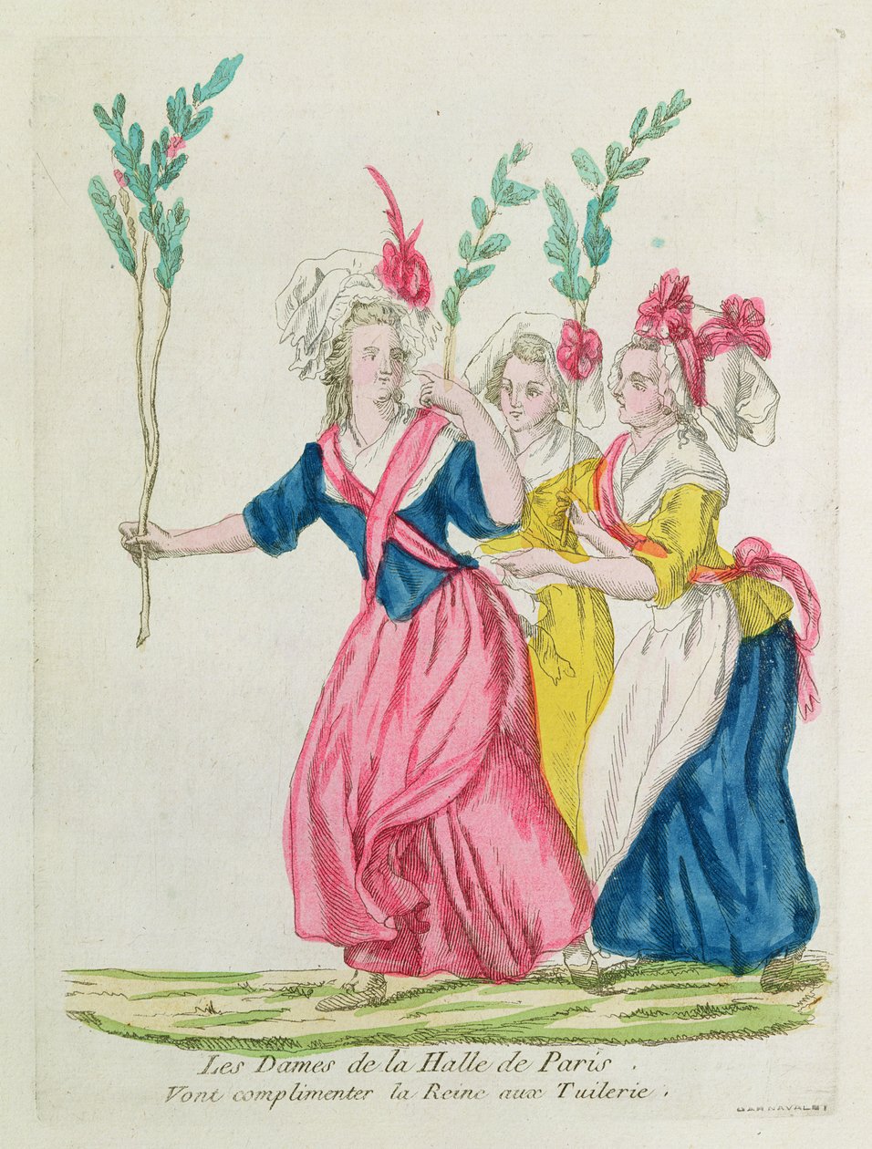As mulheres do mercado de Paris vai parabenizar a rainha no Tuileries (gravura colorida) de French School