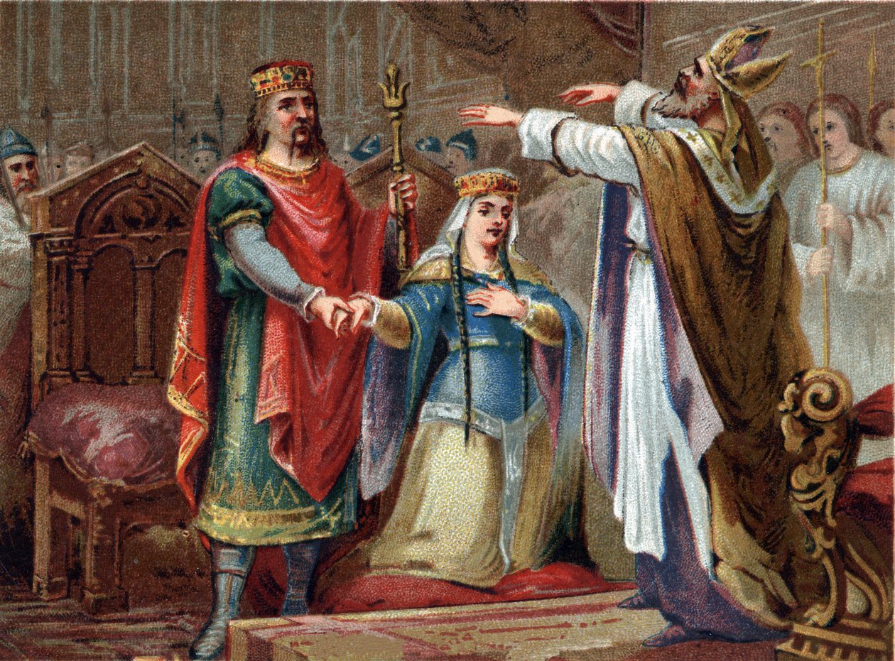 O casamento de Clóvis (481-511) Rei dos Francos com Clothilde em 493. Cromolitografia do final do século XIX. de French School