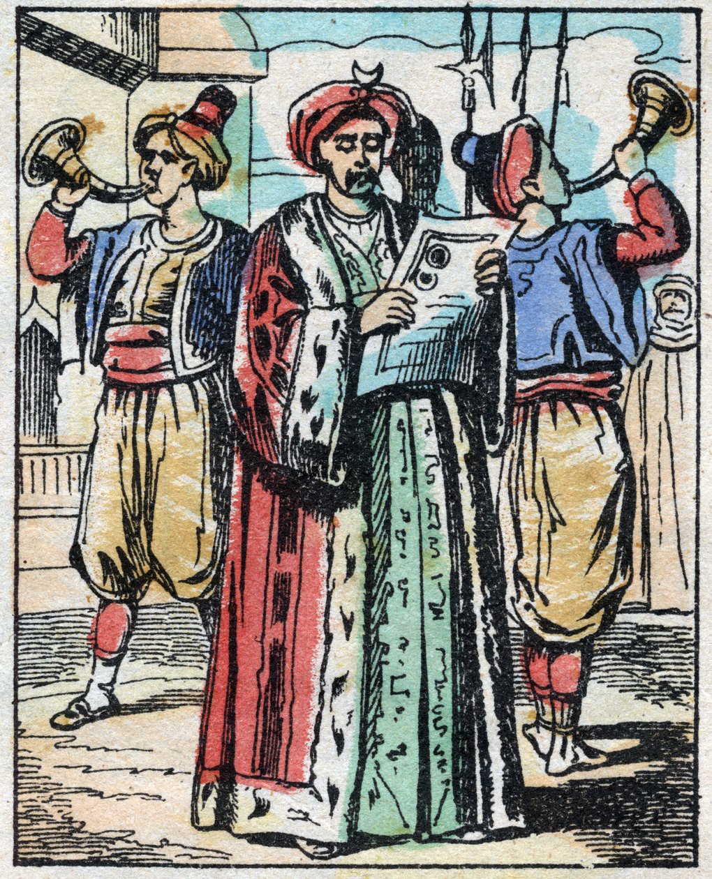 O casamento da filha do Sultão com o filho do Grande Vizir é anunciado por um leitor público. Gravação do conto das Mil e Uma Noites "Aladino e a Lâmpada Maravilhosa". Imagem epinal, finais do século XIX. Coleção particular. de French School