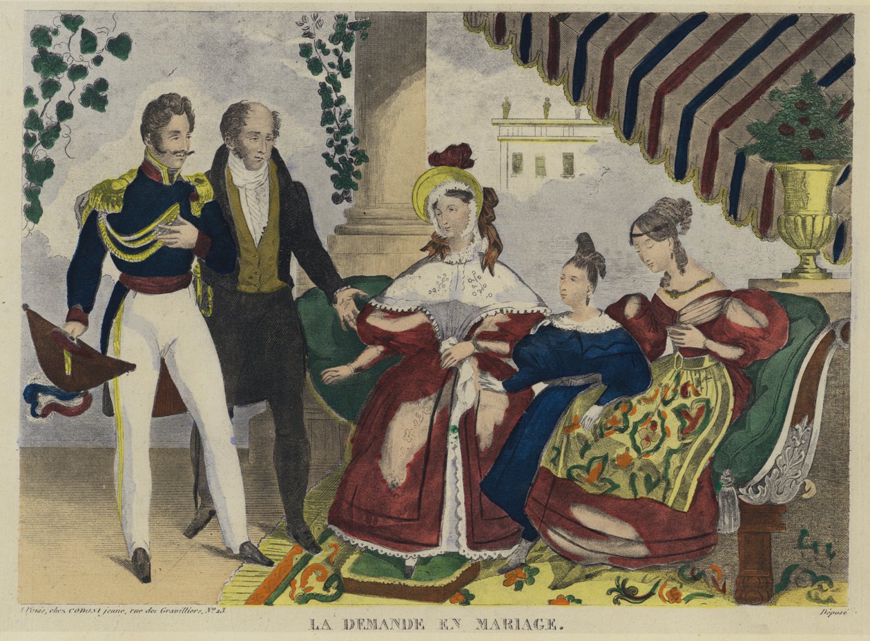 O pedido de casamento (litografia a cores) de French School