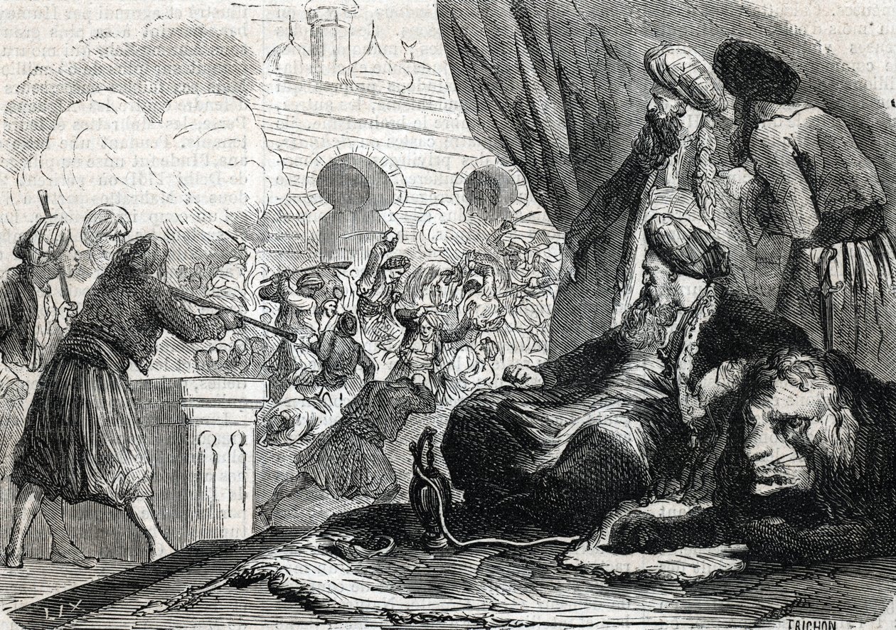 "O massacre do exército dos Janissários em 1826 pelo Sultão Mahmoud II, Constantinopla" (gravura) 1864 de French School