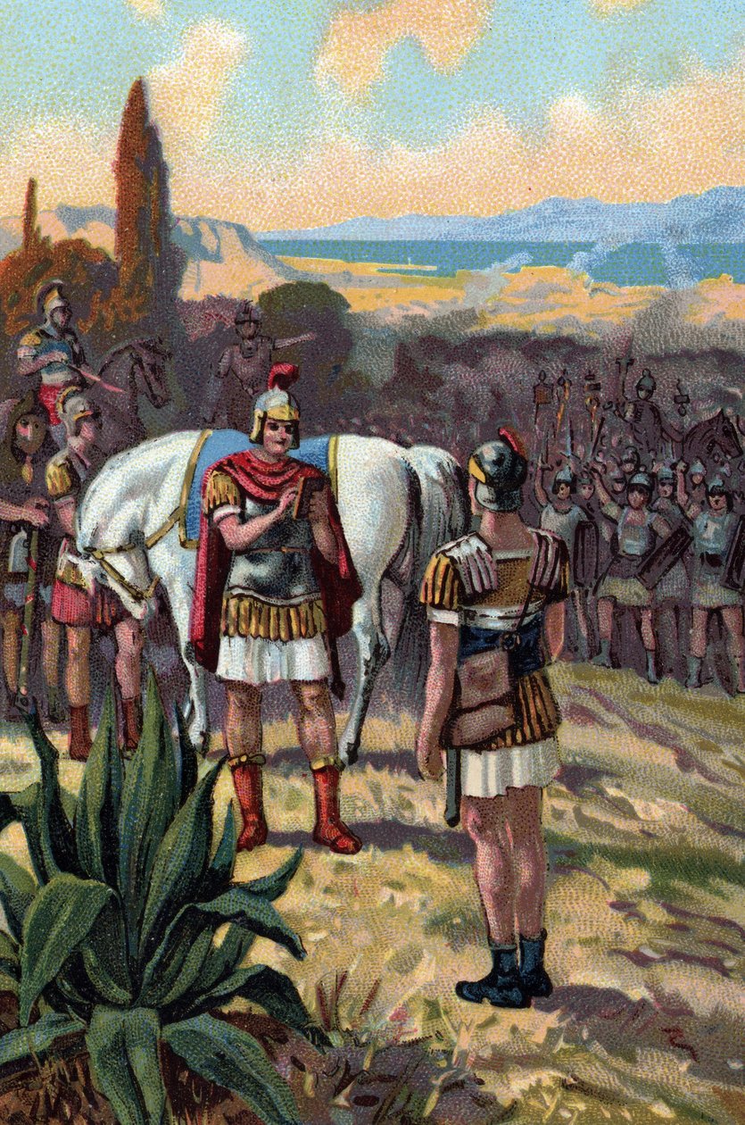 O encontro de Júlio César (100-44 a.C.) e Rei da Ponte Pharnace II (97-47 a.C.) na Batalha de Zela em 47 a.C., que fará Júlio César pronunciar a frase Veni vidi vici" (Encontro entre Júlio César e Pharnacias II do Reino do Pontus durin de French School