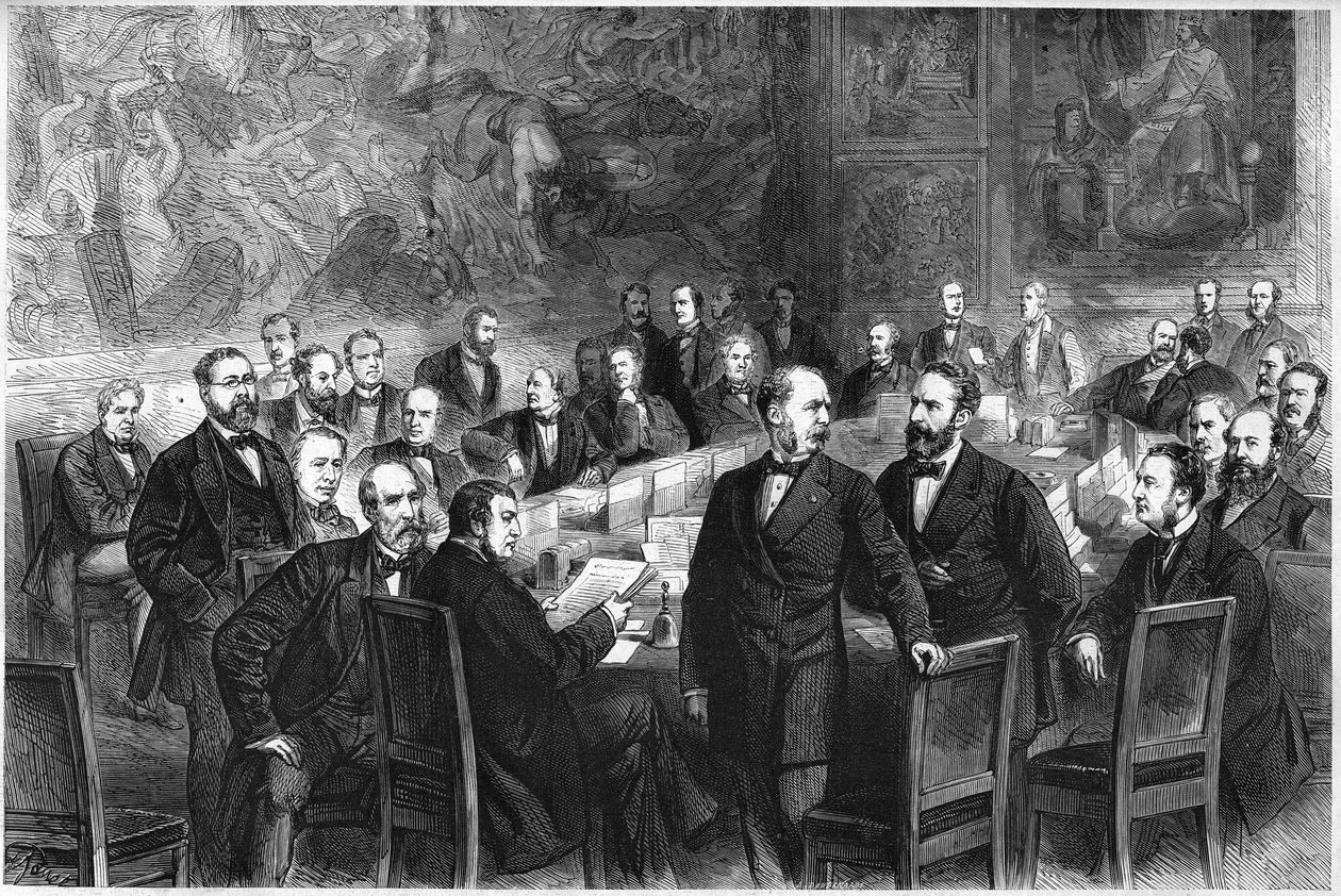 Os membros da "Commission des Trento" (comissão da Assembleia Nacional francesa sob a Terceira República encarregada de fazer propostas constitucionais): Jules Armand (Jules-Armand) Dufaure, Felix de Tarteron, Louis Grivart, Lucien Brun, Edouard Lef de French School