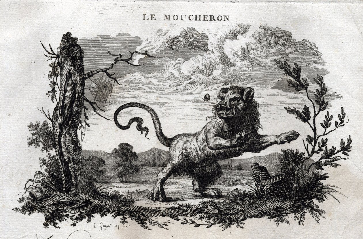 Os midges. A fábula de Esope. (escritor grego Esopo ou Ecopus, século VI a.C.) Escrito por Guillaume Montfort e Gravees por Beauble em 1801. de French School