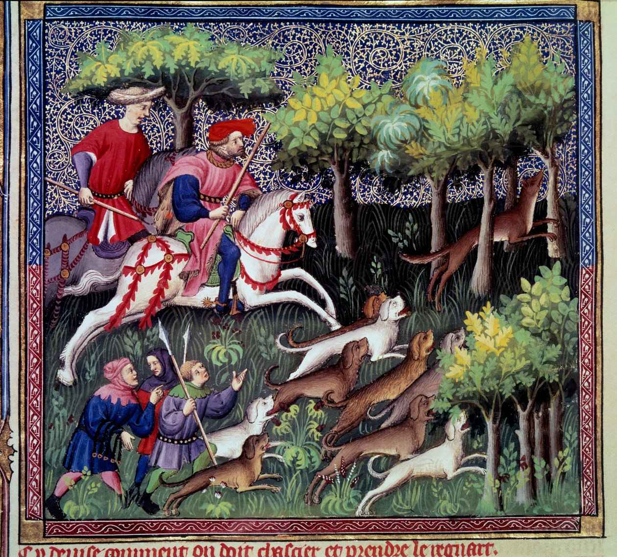 A caça à raposa em miniatura de "O livro de caça" de Gaston III Febus, Conde de Foix, Senhor de Bearn (1331-1391) de French School