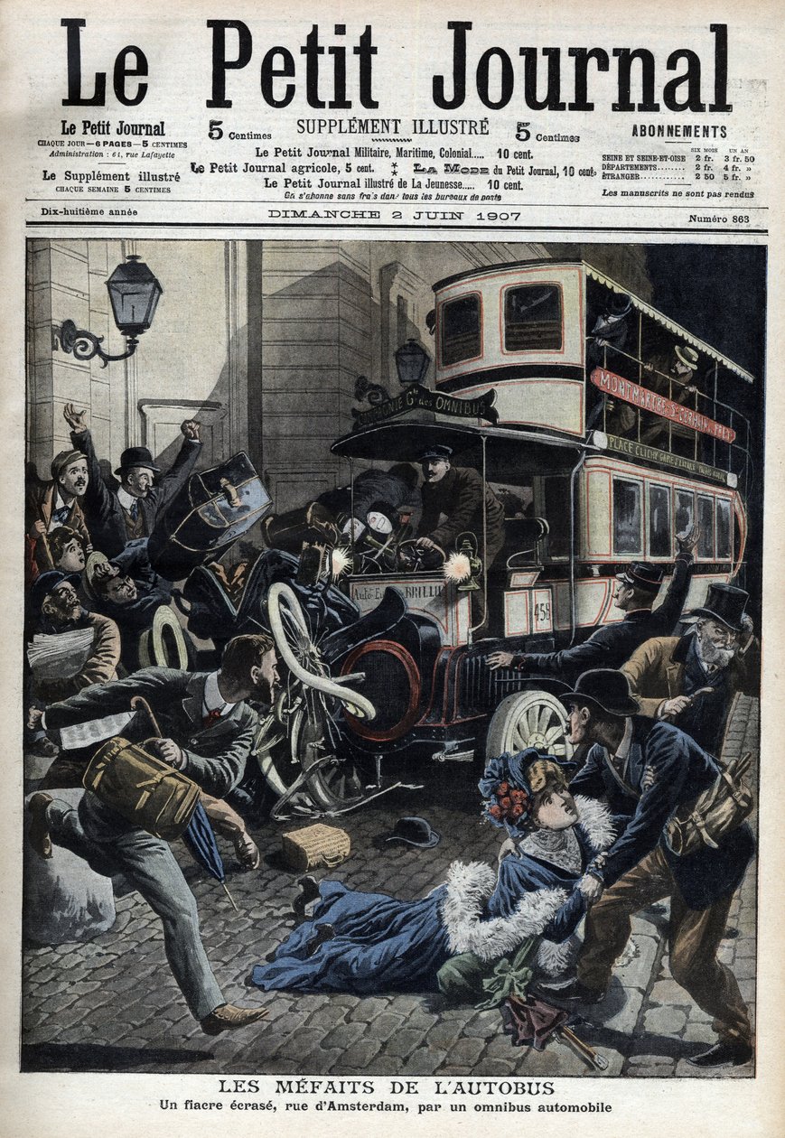 Os erros do autocarro: um fiacre esmagado por um autocarro na rua Paris de Amesterdão " Le Petit journal", Junho de 1907 (gravura) de French School