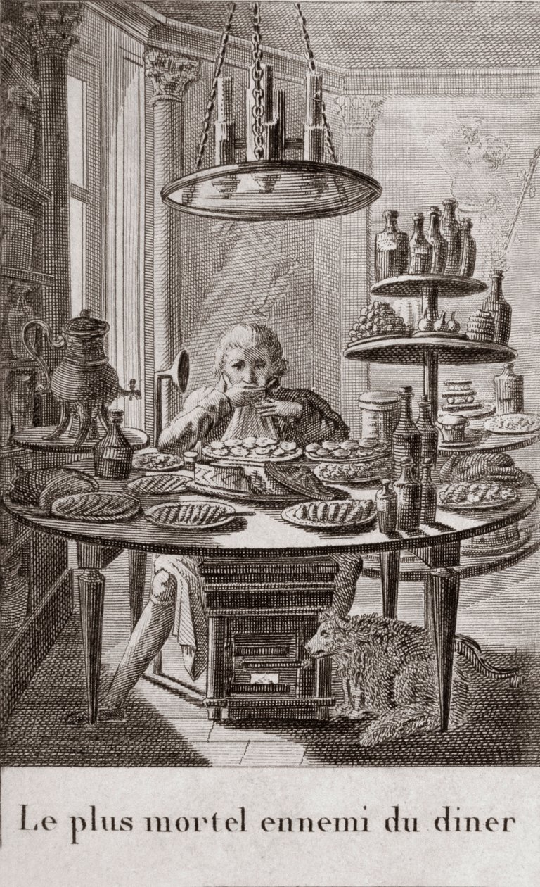 O inimigo mais mortal do jantar - gravação em "Almanaque dos gourmets, servindo de guia em maneiras de fazer excelente querido. Por um velho amador" de Alexandre Balthazar Laurent Grimod de la Reyniere - 1804-1812 de French School