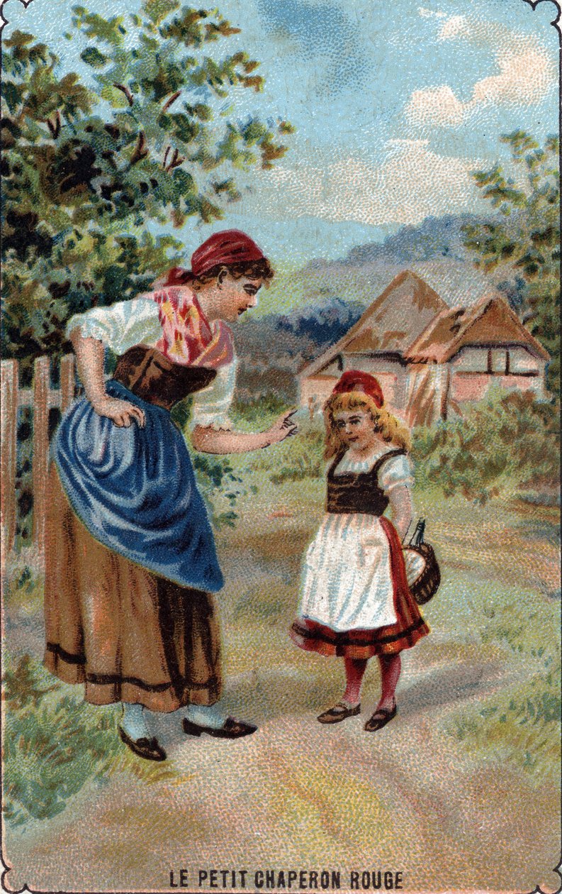 A mãe do Capuchinho Vermelho avisa-a contra o lobo Ilustração do conto "O Capuchinho Vermelho" de Charles Perrault (1628-1703) "A mãe do Capuchinho Vermelho avisa-a contra o lobo" Ilustração de "Litt de French School