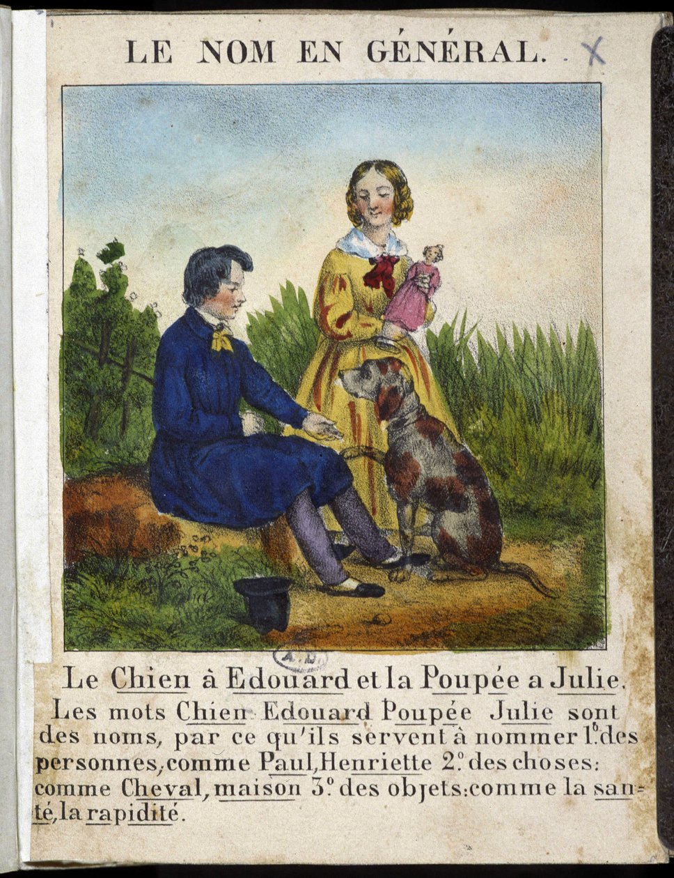 O nome em geral (um menino com um cachorro e uma menina com uma boneca) - em "La grammaire en images". de French School