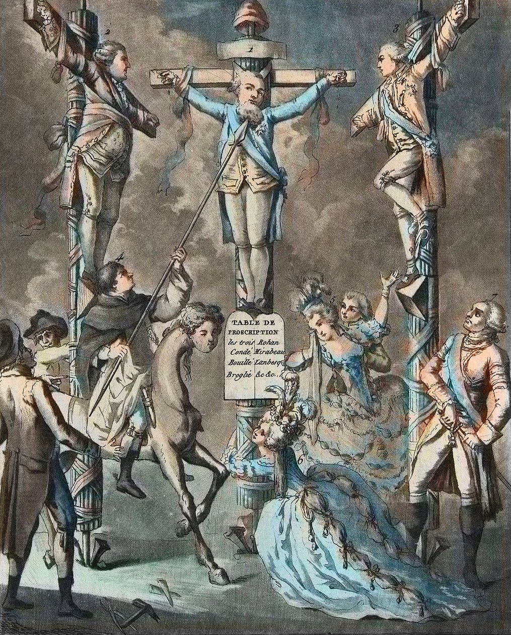 O novo calvário, Luís XVI colocado na cruz por revoltas - 2. e 3. Monsieur (Luís Estanislau Xavier, Conde de Provença (1755-1824), Luís XVIII) e o Conde de Artois (Carlos Philippe (1757-1836) Carlos X), irmãos do Rei, inclinados pelos decretos o de French School