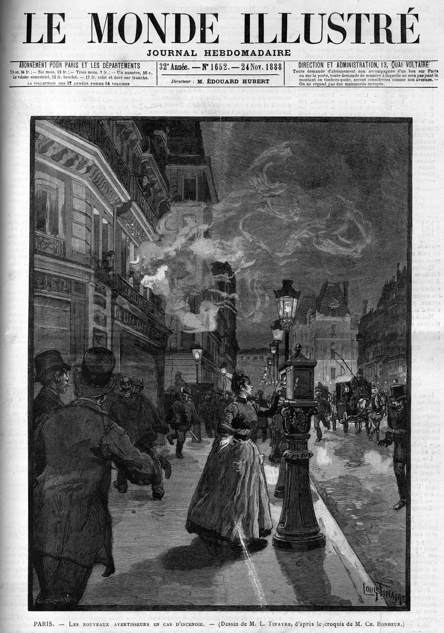 Os novos alarmes de incêndio em Paris, em 1888. Capa do "The Illustrous World" de 1888. de French School