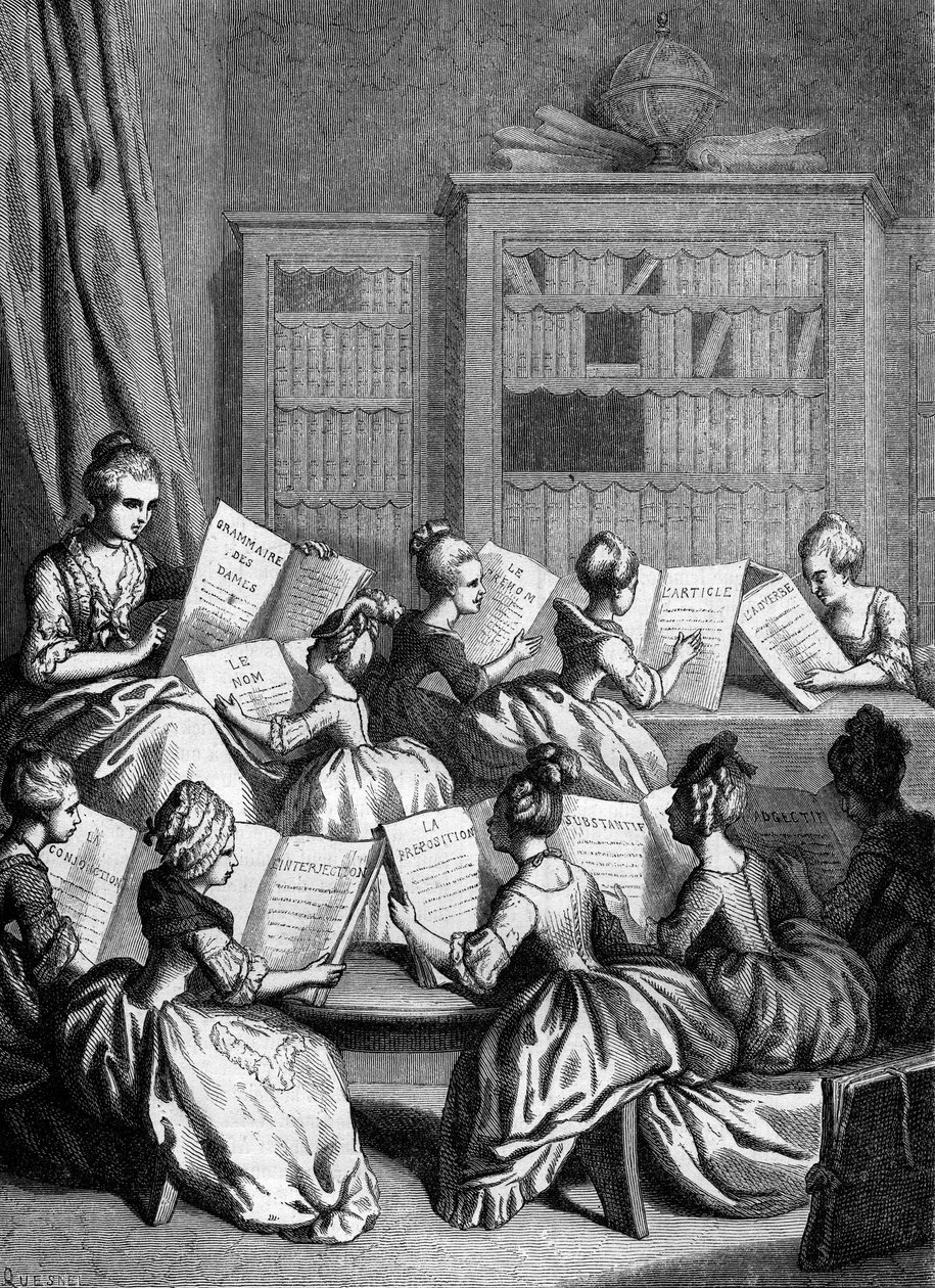 As nove partes do discurso. (A gramática tradicional classifica as palavras em nove categorias, também chamadas de "as partes do discurso") Escolaristas durante uma palestra de gramática. Século XVIII? Gravura a partir de 1868. de French School