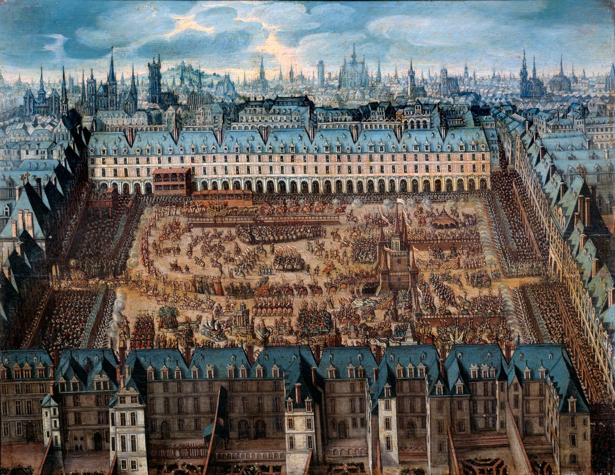 O romance dos cavaleiros da glória ou Grande carrossel na praça real em abril de 1612, por ocasião do casamento de Luís XIII (1601-1643) e Ana da Áustria - Pintura anônima. 1612 óleo sobre madeira, Sol. 0,41x0,52 m Paris, Musee Carnavalet - Grand Caro de French School