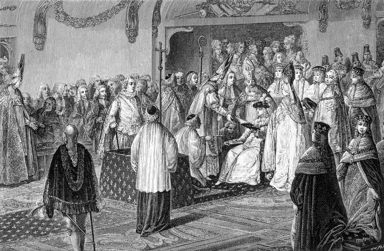 O juramento de Luís XVI durante a sua sagrada gravura. de French School
