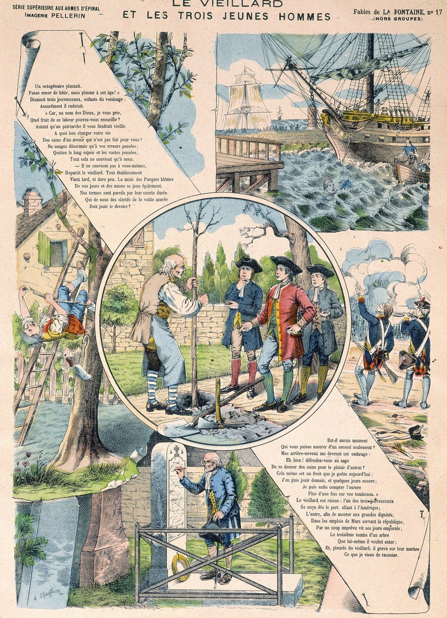 O velho e os três jovens - Fábulas de La Fontaine em imagens de Epinal de French School