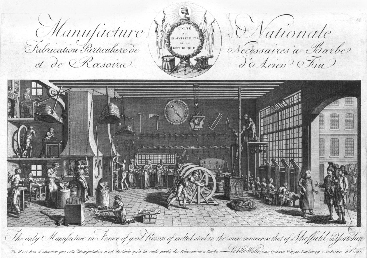 A única manufatura na França de boas navalhas de aço derretido da mesma maneira que a de Sheffield na Inglaterra, Yorkshire, final do século XVIII (ver também 248209) de French School