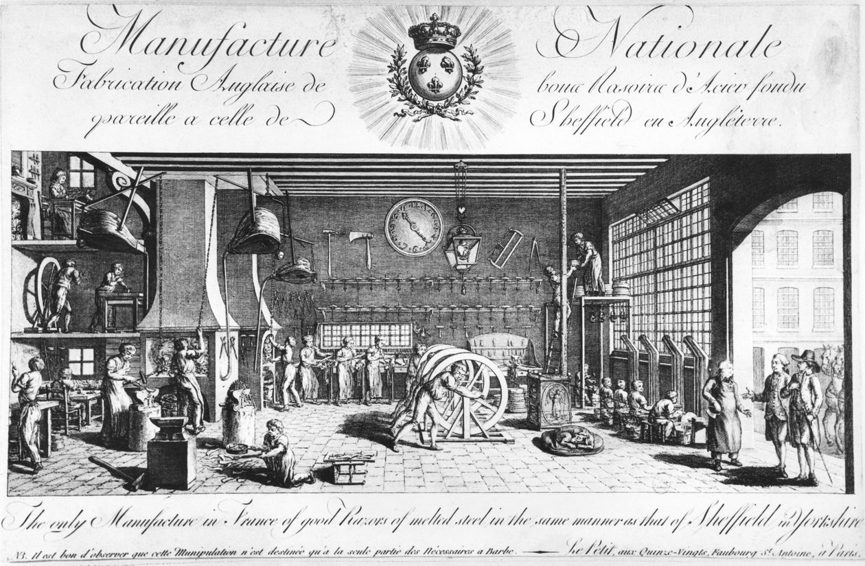 A única fabricação na França de boas lâminas de aço derretido da mesma maneira que a de Sheffield na Inglaterra, Yorkshire, final do século XVIII (ver também 248212) de French School