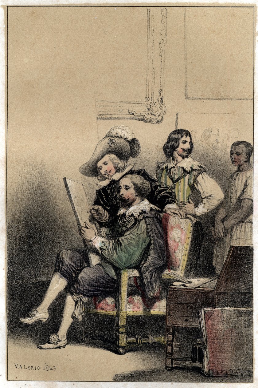 O pintor Diego Velasquez (1599-1660) recebe em seu estúdio Pierre Paul (Pierre-Paul) Rubens (ou Peter Paul ou Petrus Paulus) (1577-1640). Placa retirada de "Scenes de la vie des hommes famous" gravada em dois tons por Valerio. 1843. de French School