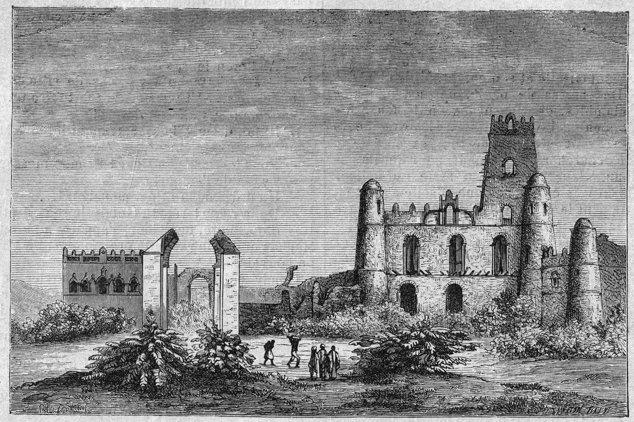 O palácio dos Negouss (Negus) ou reis da Etiópia em Gondar. Gravura de 1896 em "L