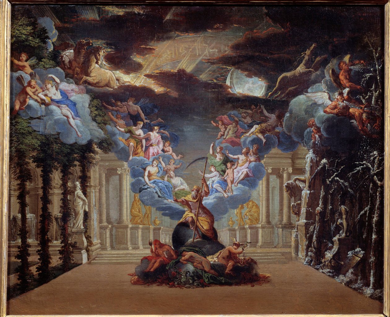 O palácio do tempo, decoração do prólogo de "Atys" de Jean Baptiste Lully (Giovanni Battista Lulli) (1632-1687) criado em 1676 Estão representadas figuras myhological como Mercúrio, Hermes. Pintura anônima da Escola Francesa do século XVII. Paris de French School