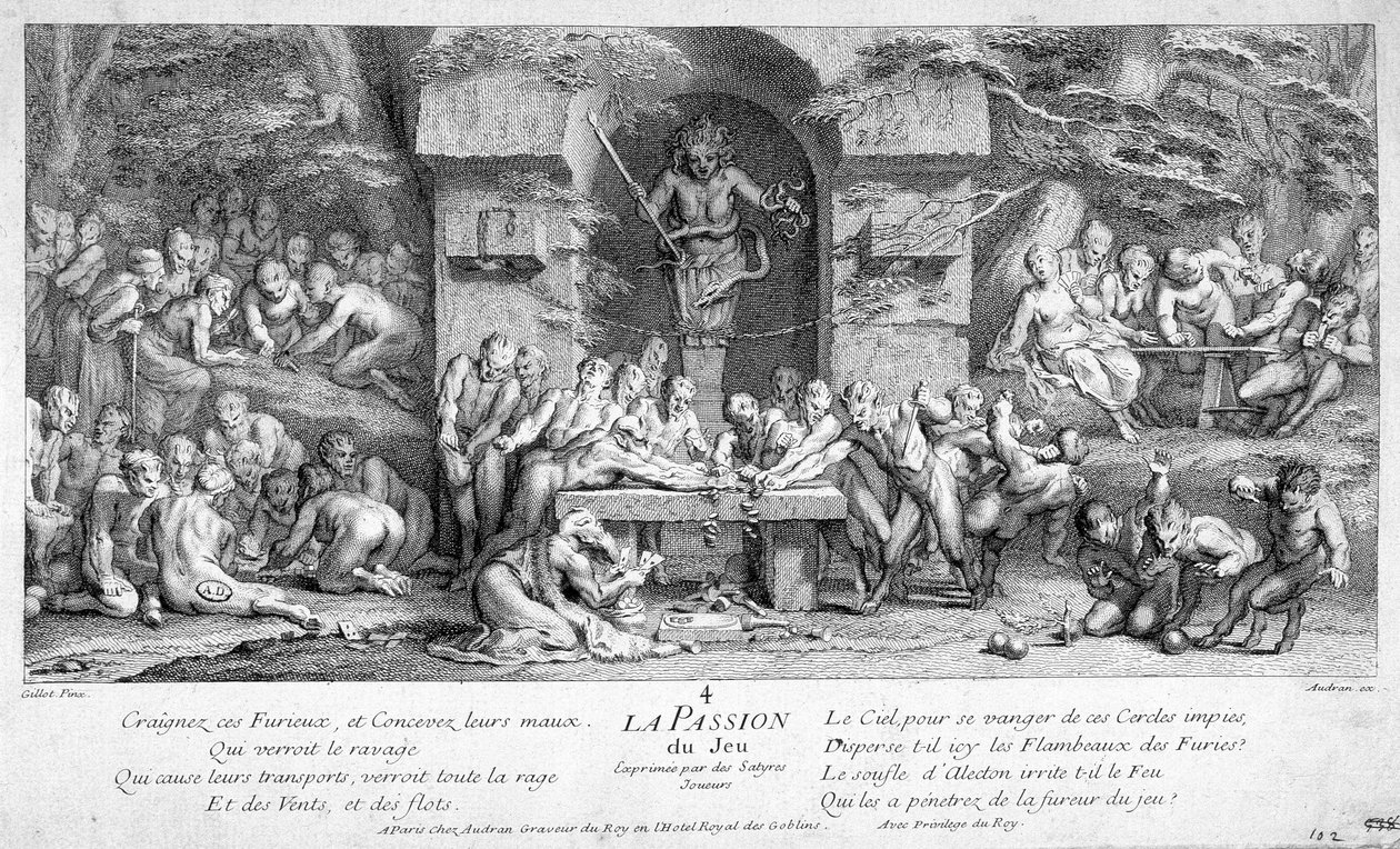 A paixão pelo jogo expressa pelos jogadores de satyres. de French School