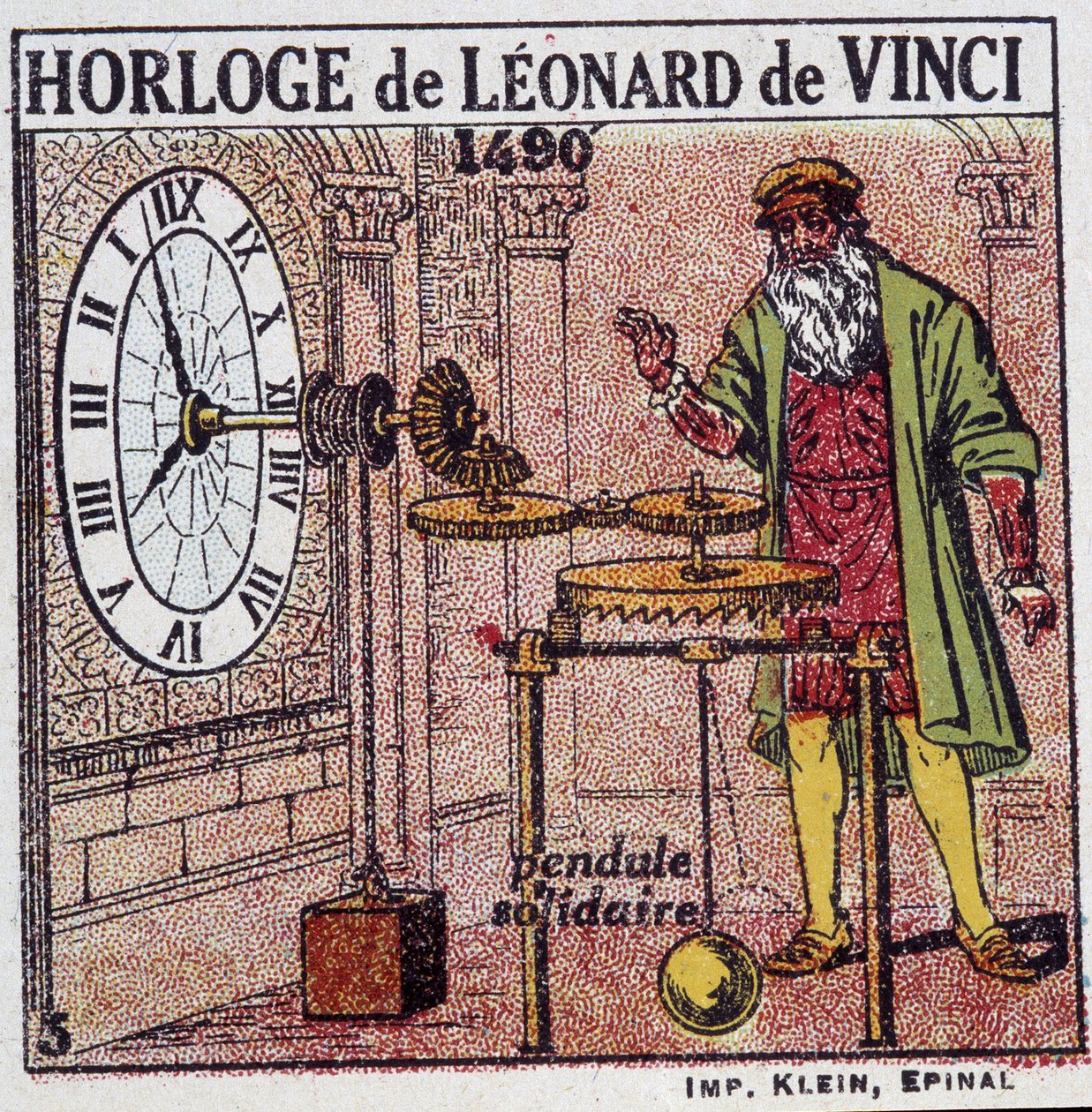 O relógio pendular de Leonardo da Vinci (Leonardo da Vinci) (1452 - 1519) (pêndulo em 1490) - em "Energia" de Henri Arnould, ed. Quillet, Paris, século XX de French School