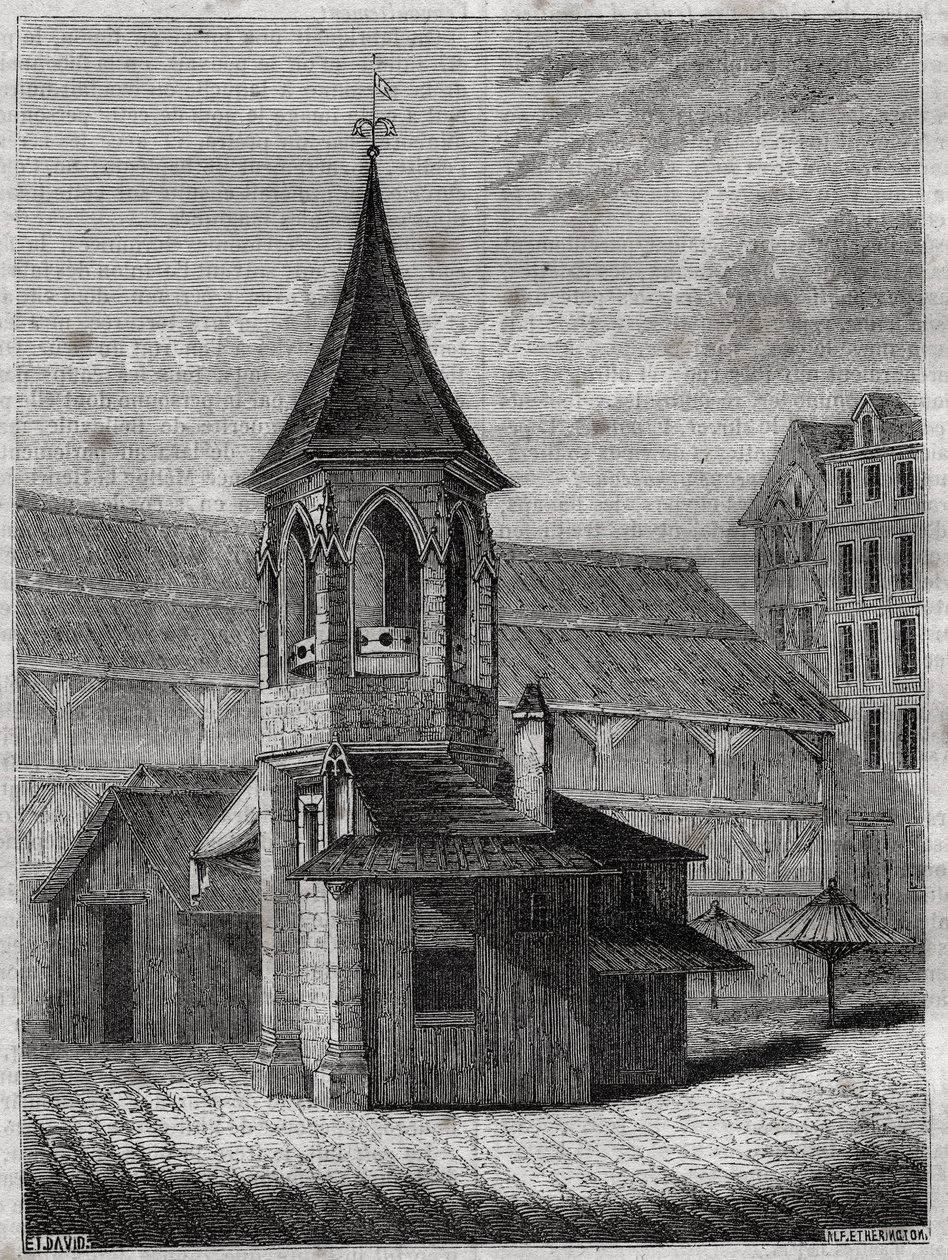 O pelourinho das salas no século XVIII, construído sobre o antigo cemitério dos Inocentes - Gravura em "A história física, civil e moral de Paris: desde os primeiros tempos históricos até aos nossos dias" de Jacques Antoine Dulaure de French School