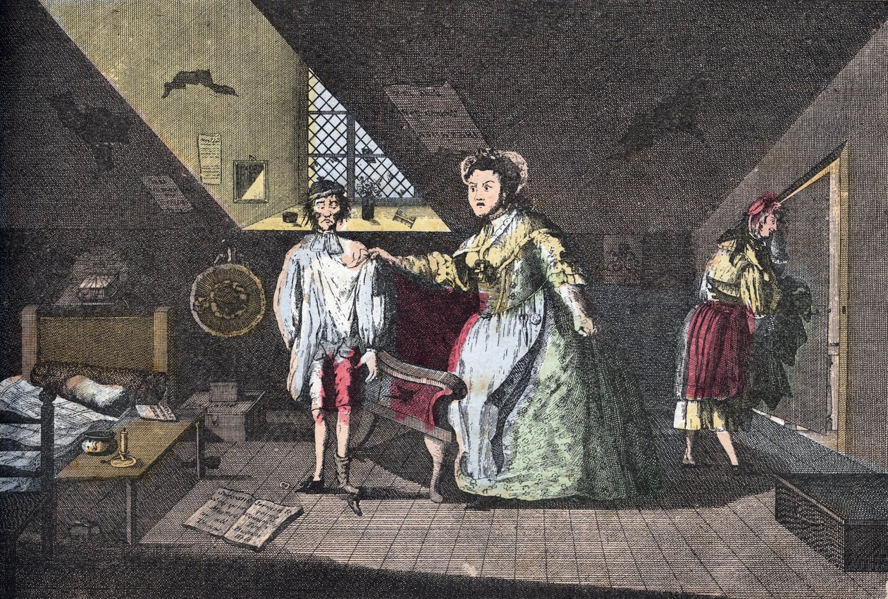O piedoso alfaiate apanhado em adultério. Gravado por Cabbage de 1768 em "Lire Et Galanterie". Coleção semanal de Galantes Imagens na direção de John Grand-Carteret. 1903-1904. de French School