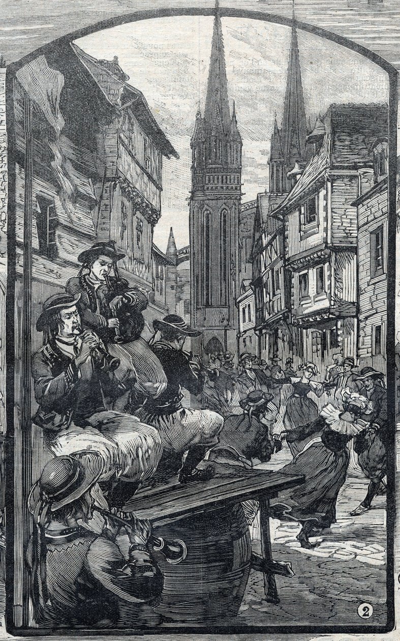 Os jogadores de biniou em Quimper (Finistere, Bretanha). em "Le Petit Parisien". de French School
