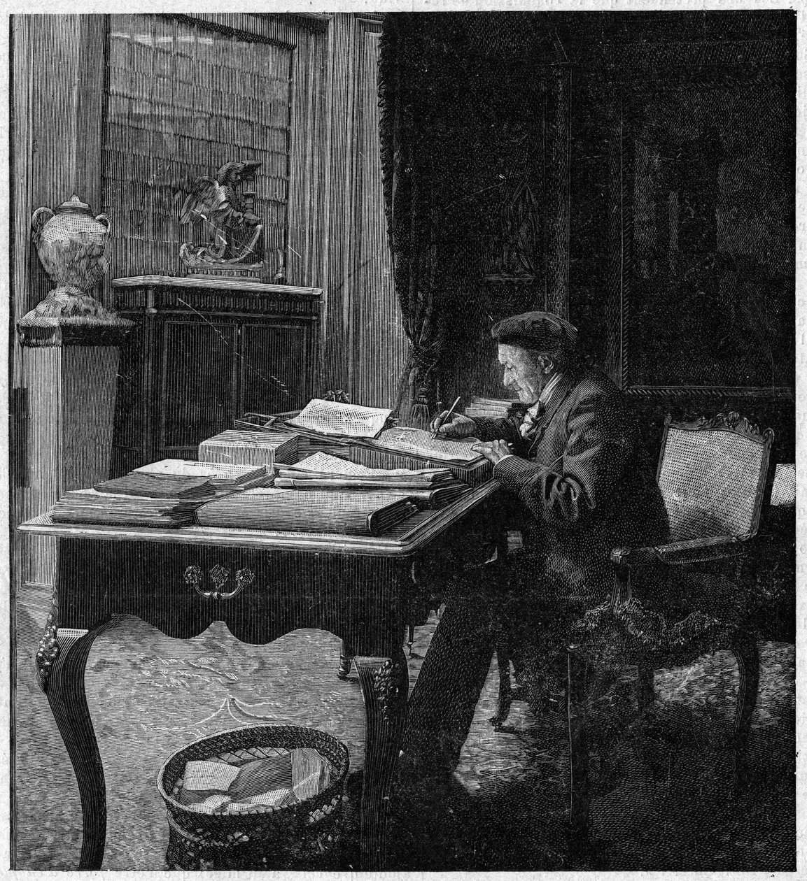 O dramaturgo Victorian Sardou (1831-1908) em seu escritório. Gravura em "La gazette du dimanche" de 2 de janeiro de French School