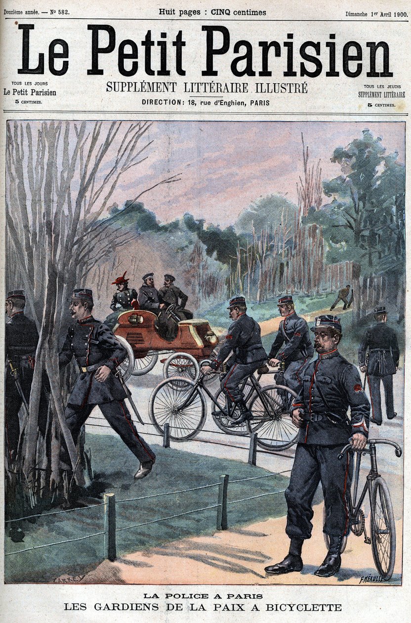 A polícia em Paris, as forças de manutenção da paz em bicicletas - em "Le petit Parisien". de French School
